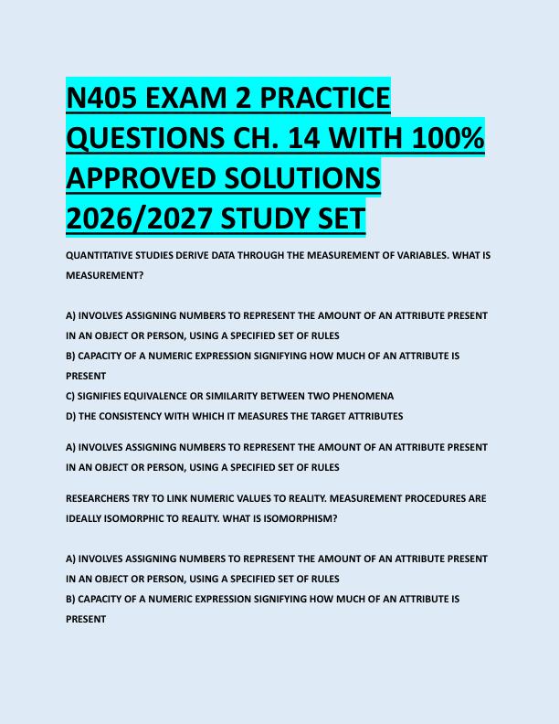 N405 EXAM 2 PRACTICE  QUESTIONS CH. 14 WITH 100%  APPROVED SOLUTIONS  2026/2027 STUDY SET