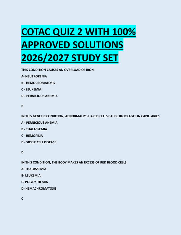 COTAC QUIZ 2 WITH 100%  APPROVED SOLUTIONS  2026/2027 STUDY SET 