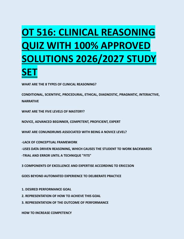 OT 516: CLINICAL REASONING  QUIZ WITH 100% APPROVED  SOLUTIONS 2026/2027 STUDY  SET 