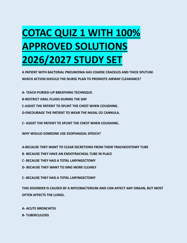 COTAC QUIZ 1 WITH 100%  APPROVED SOLUTIONS  2026/2027 STUDY SET 
