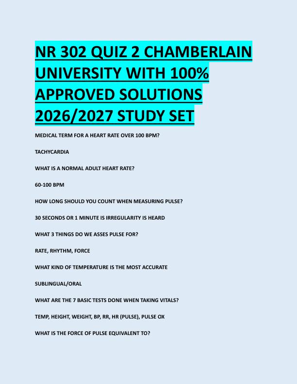 NR 302 QUIZ 2 CHAMBERLAIN  UNIVERSITY WITH 100%  APPROVED SOLUTIONS  2026/2027 STUDY SET