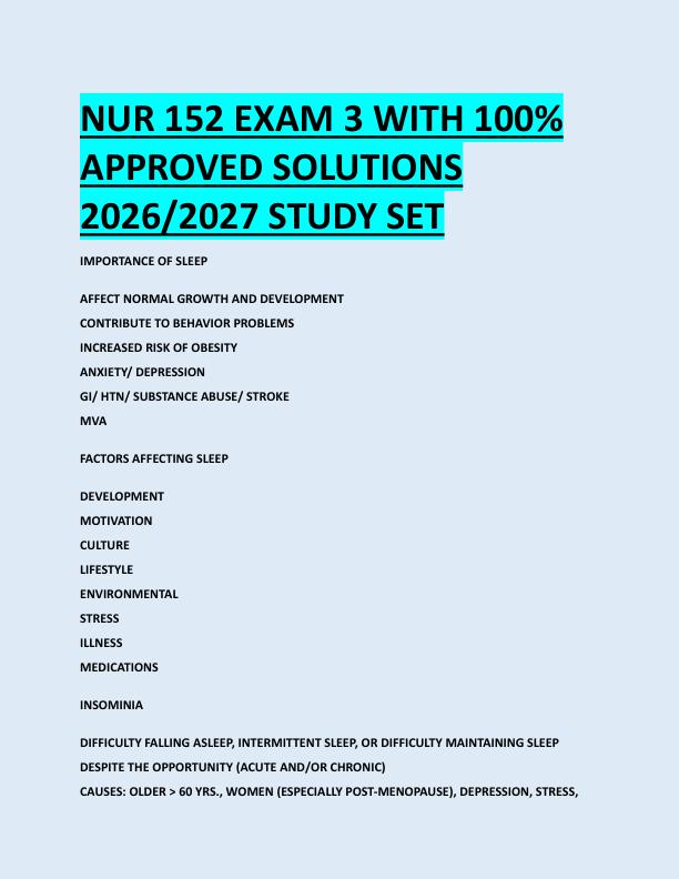 NUR 152 EXAM 3 WITH 100%  APPROVED SOLUTIONS  2026/2027 STUDY SET