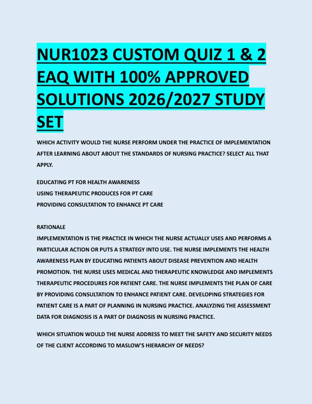 NUR1023 CUSTOM QUIZ 1 & 2  EAQ WITH 100% APPROVED  SOLUTIONS 2026/2027 STUDY  SET