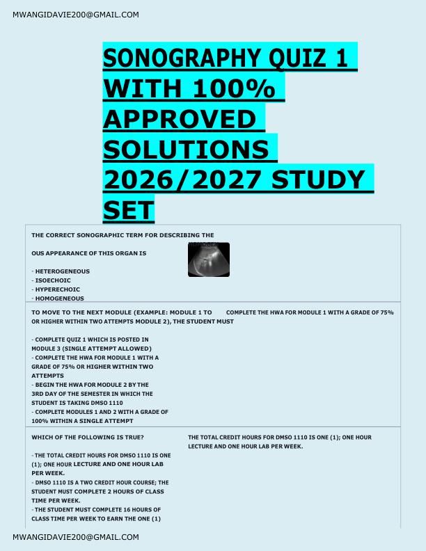 SONOGRAPHY QUIZ 1  WITH 100%  APPROVED  SOLUTIONS  2026/2027 STUDY  SET