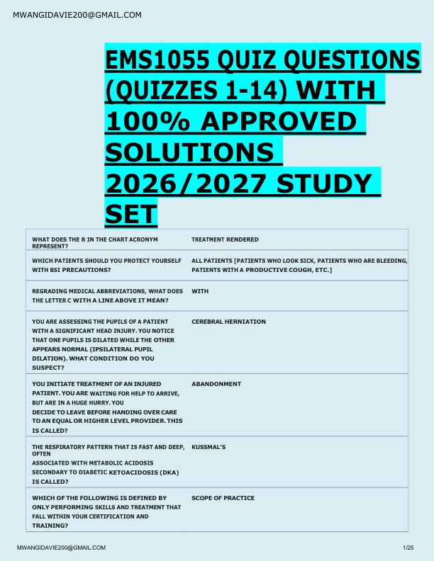 EMS1055 QUIZ QUESTIONS  (QUIZZES 1-14) WITH  100% APPROVED  SOLUTIONS  2026/2027 STUDY  SET 