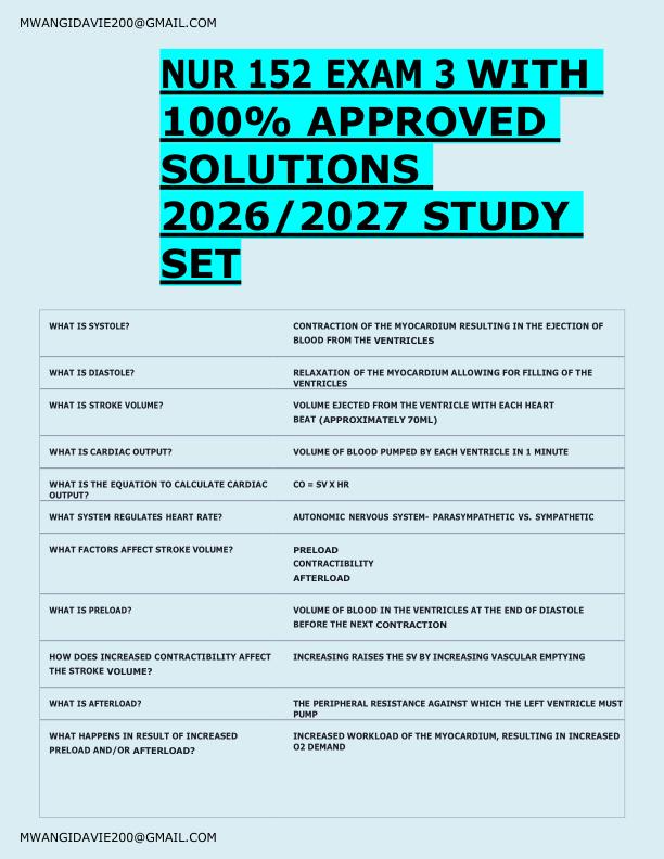 NUR 152 EXAM 3 WITH  100% APPROVED  SOLUTIONS  2026/2027 STUDY  SET