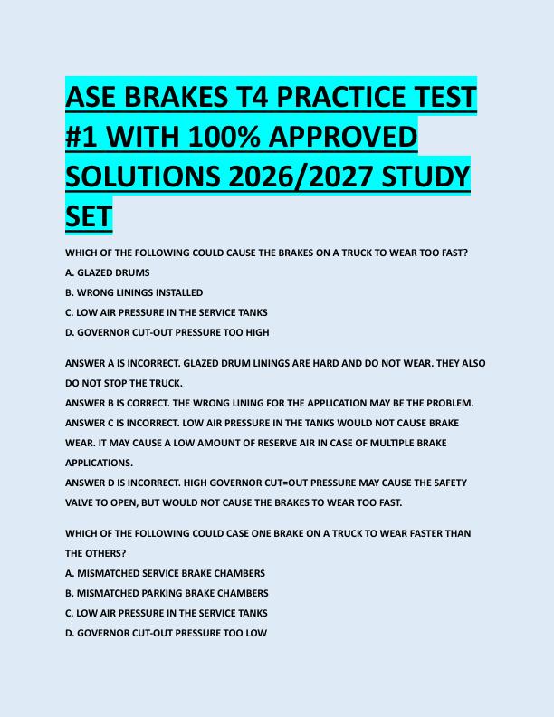 ASE BRAKES T4 PRACTICE TEST  #1 WITH 100% APPROVED  SOLUTIONS 2026/2027 STUDY  SET  