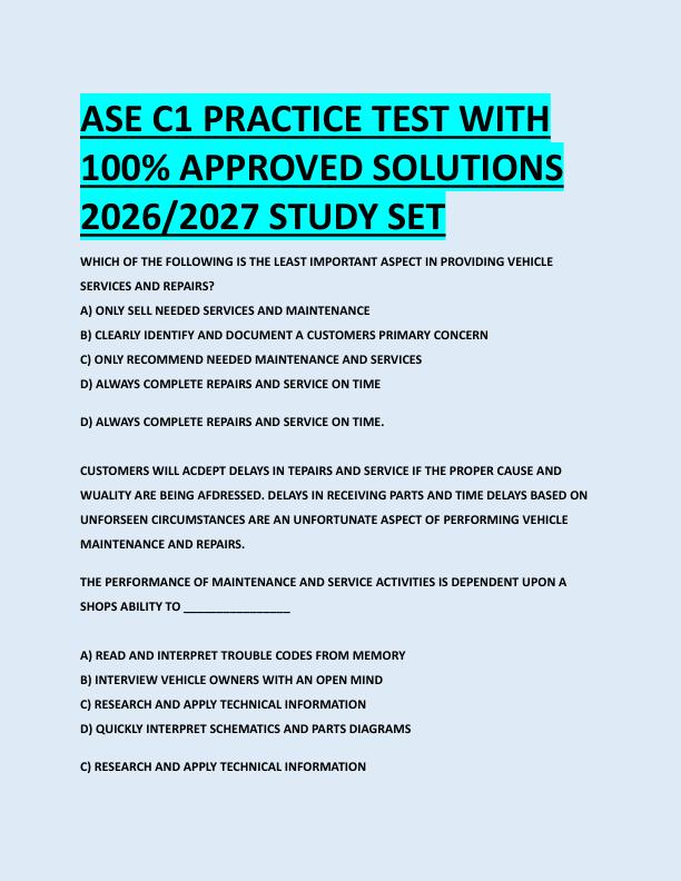 ASE C1 PRACTICE TEST WITH  100% APPROVED SOLUTIONS  2026/2027 STUDY SET 