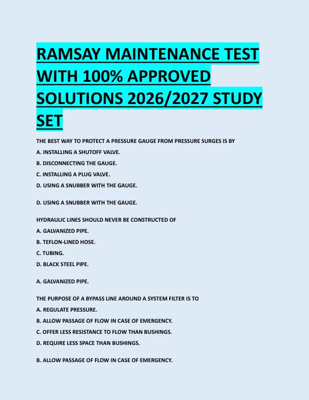 RAMSAY MAINTENANCE TEST  WITH 100% APPROVED  SOLUTIONS 2026/2027 STUDY  SET 