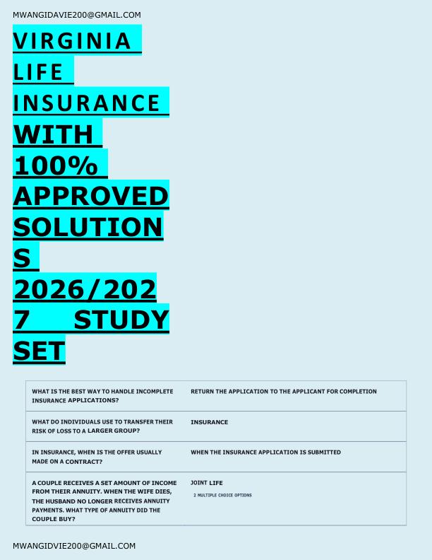 VIRGINIA  LIFE  INSURANCE  WITH  100%  APPROVED  SOLUTION S  2026/202 7 STUDY  SET 