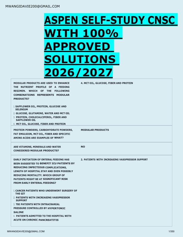 ASPEN SELF-STUDY CNSC  WITH 100%  APPROVED  SOLUTIONS  2026/2027 