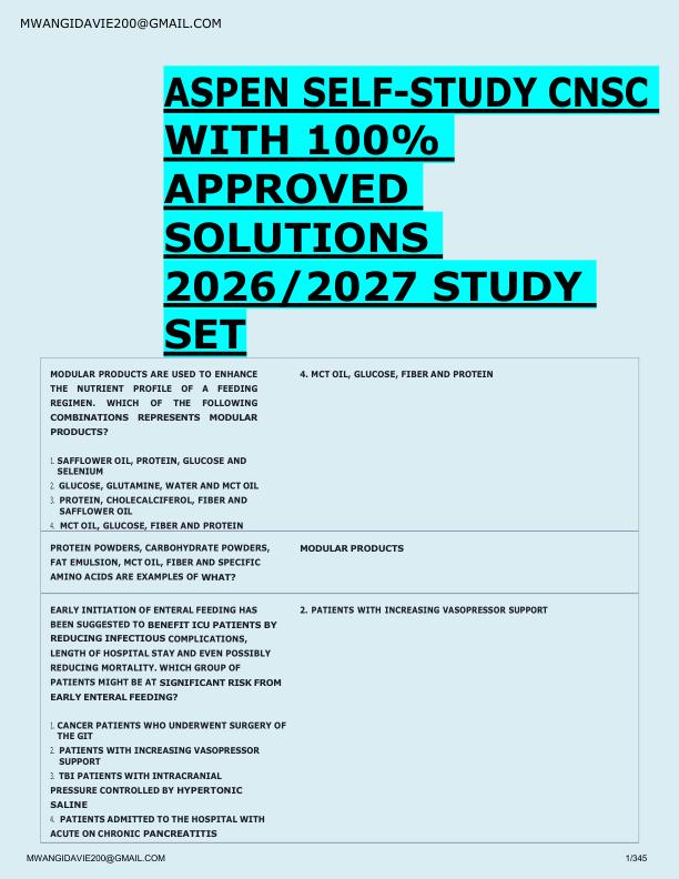 ASPEN SELF-STUDY CNSC  WITH 100%  APPROVED  SOLUTIONS  2026/2027 STUDY  SET 