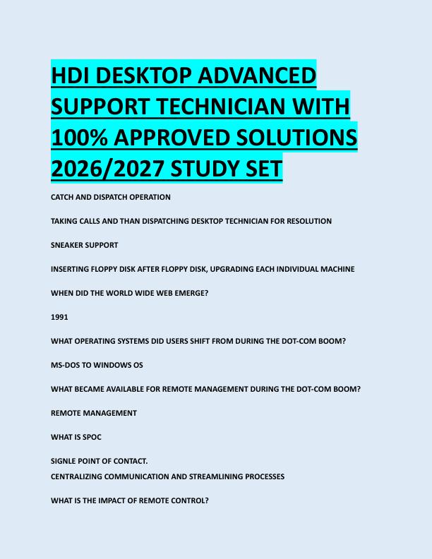 HDI DESKTOP ADVANCED  SUPPORT TECHNICIAN WITH  100% APPROVED SOLUTIONS  2026/2027 STUDY SET 