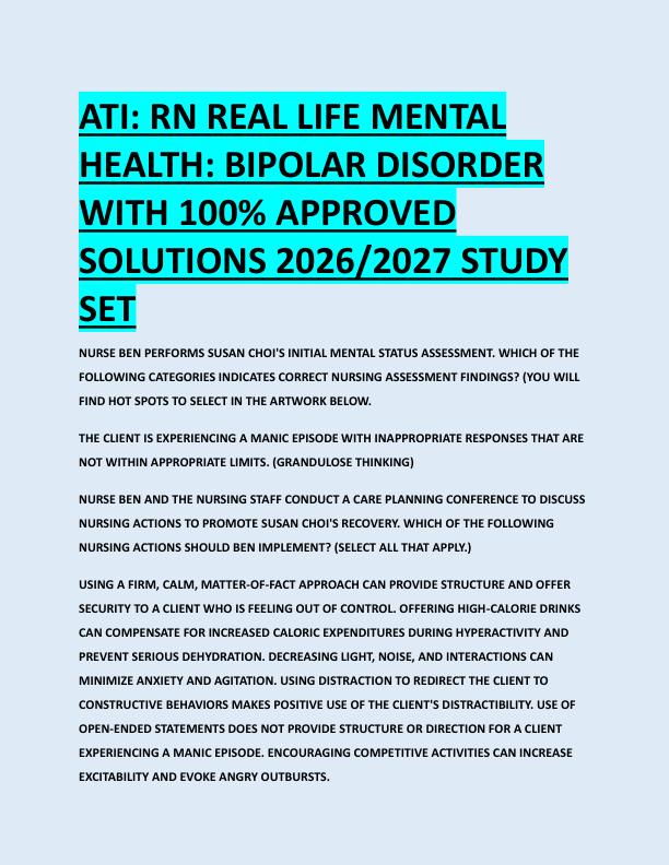 ATI: RN REAL LIFE MENTAL  HEALTH: BIPOLAR DISORDER  WITH 100% APPROVED  SOLUTIONS 2026/2027 STUDY  SET 