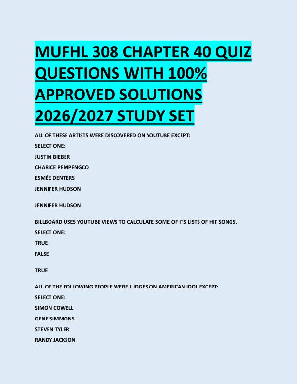 MUFHL 308 CHAPTER 40 QUIZ  QUESTIONS WITH 100%  APPROVED SOLUTIONS  2026/2027 STUDY SET 