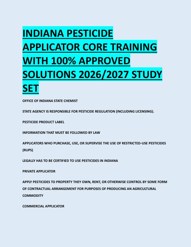 INDIANA PESTICIDE  APPLICATOR CORE TRAINING  WITH 100% APPROVED  SOLUTIONS 2026/2027 STUDY  SET 