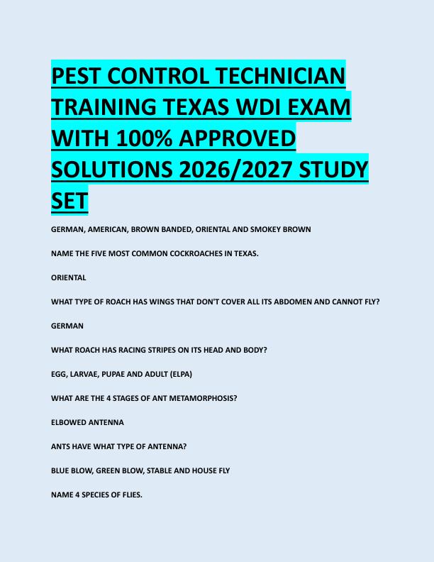 PEST CONTROL TECHNICIAN  TRAINING TEXAS WDI EXAM  WITH 100% APPROVED  SOLUTIONS 2026/2027 STUDY  SET 