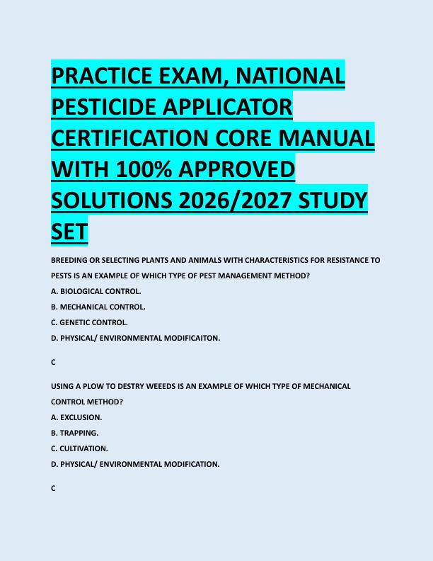 PRACTICE EXAM, NATIONAL  PESTICIDE APPLICATOR  CERTIFICATION CORE MANUAL  WITH 100% APPROVED  SOLUTIONS 2026/2027 STUDY  SET