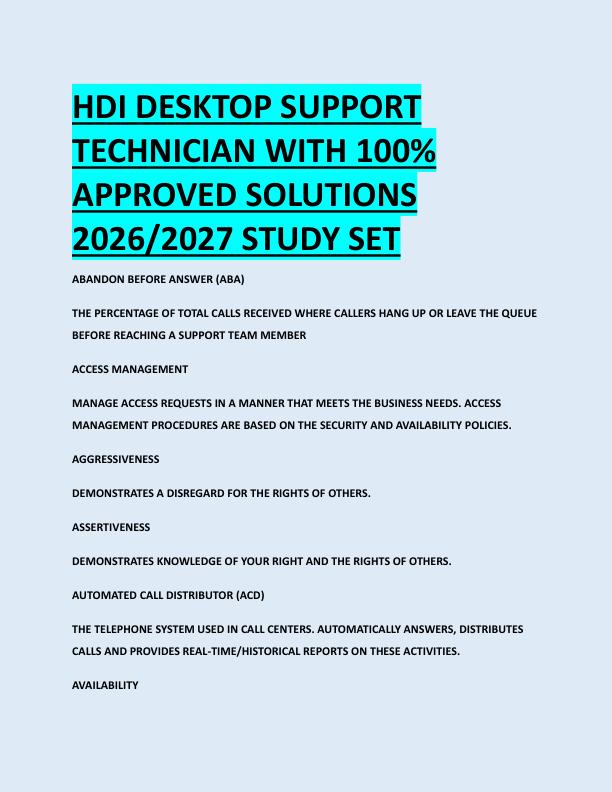 HDI DESKTOP SUPPORT  TECHNICIAN WITH 100%  APPROVED SOLUTIONS  2026/2027 STUDY SET 