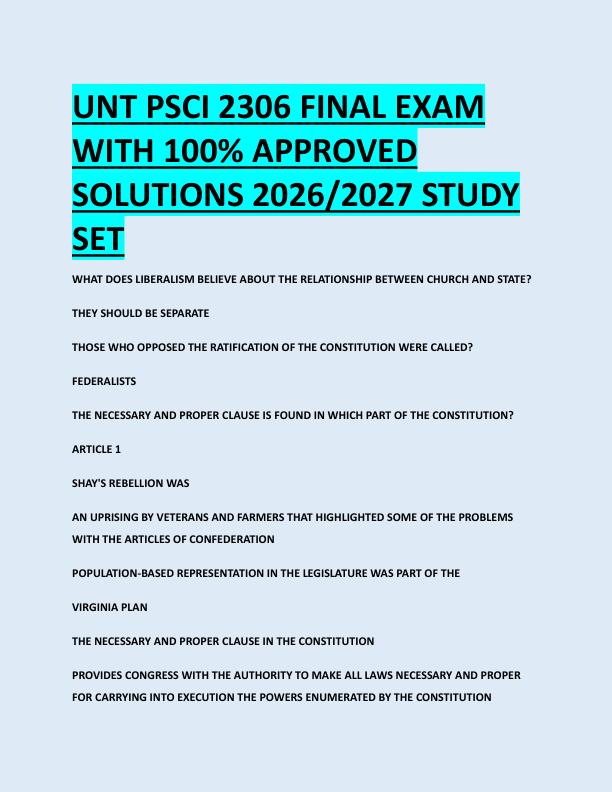 UNT PSCI 2306 FINAL EXAM  WITH 100% APPROVED  SOLUTIONS 2026/2027 STUDY  SET
