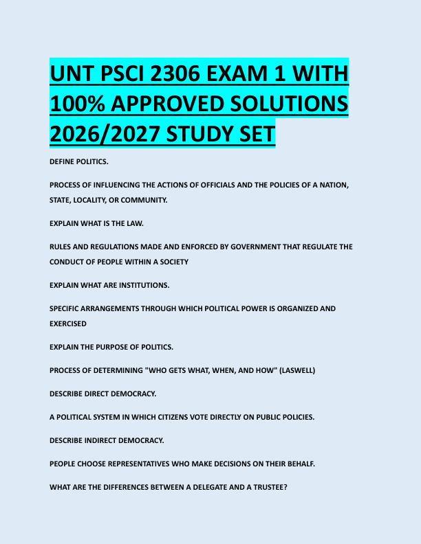 UNT PSCI 2306 EXAM 1 WITH  100% APPROVED SOLUTIONS  2026/2027 STUDY SET 