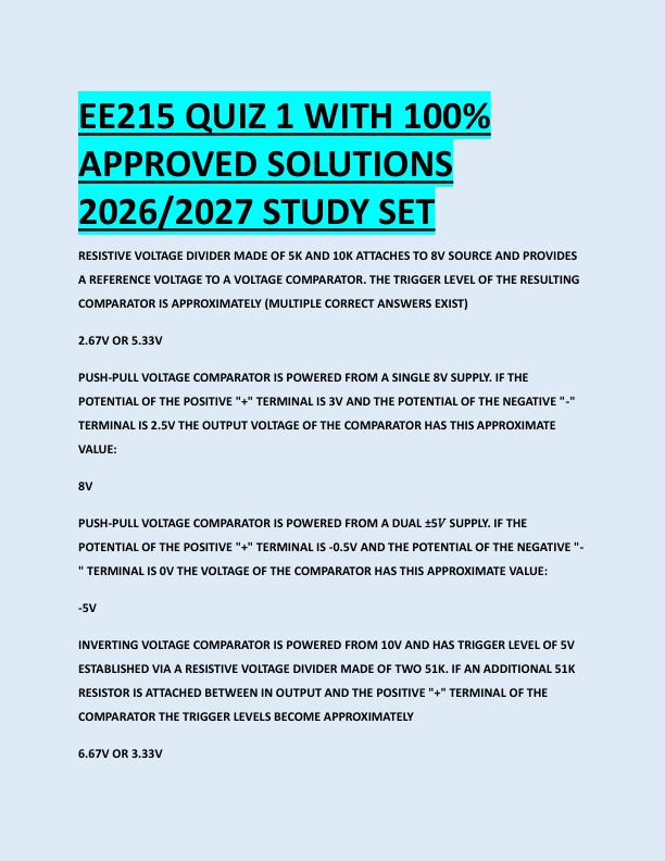 EE215 QUIZ 1 WITH 100%  APPROVED SOLUTIONS  2026/2027 STUDY SET