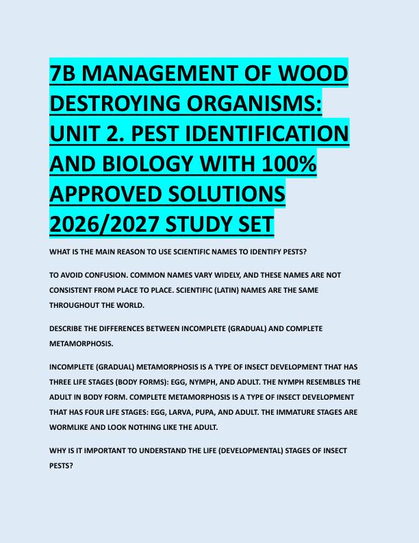 7B MANAGEMENT OF WOOD  DESTROYING ORGANISMS:  UNIT 2. PEST IDENTIFICATION  AND BIOLOGY WITH 100%  APPROVED SOLUTIONS  2026/2027 STUDY SET 