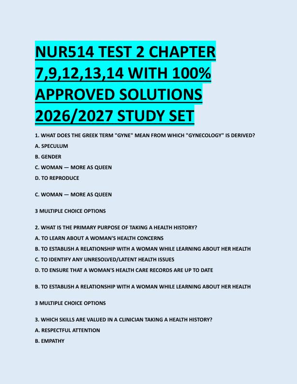 NUR514 TEST 2 CHAPTER  7,9,12,13,14 WITH 100%  APPROVED SOLUTIONS  2026/2027 STUDY SET