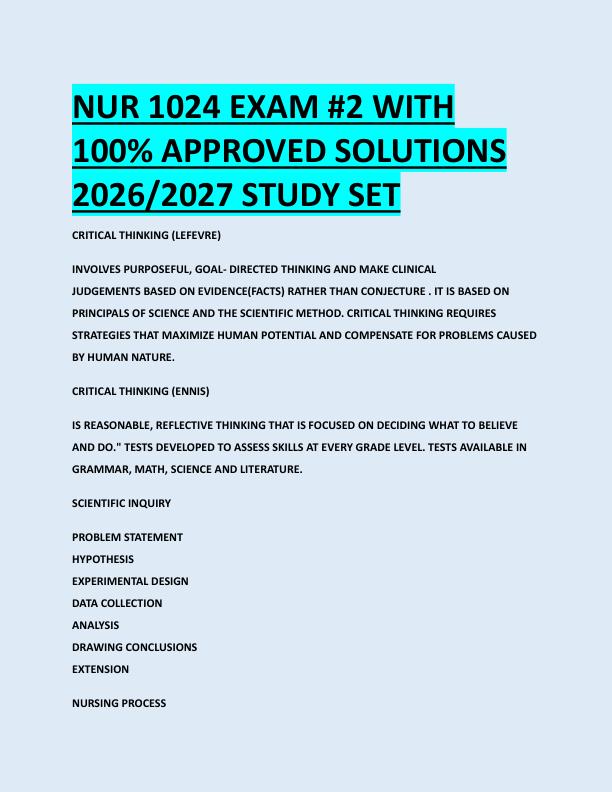 NUR 1024 EXAM #2 WITH  100% APPROVED SOLUTIONS  2026/2027 STUDY SET