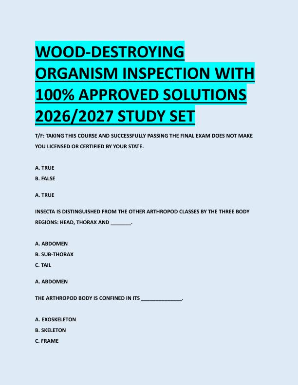 WOOD-DESTROYING  ORGANISM INSPECTION WITH  100% APPROVED SOLUTIONS  2026/2027 STUDY SET 