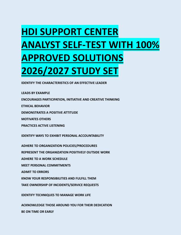 HDI SUPPORT CENTER  ANALYST SELF-TEST WITH 100%  APPROVED SOLUTIONS  2026/2027 STUDY SETHDI SUPPORT CENTER  ANALYST SELF-TEST WITH 100%  APPROVED SOLUTIONS  2026/2027 STUDY SET