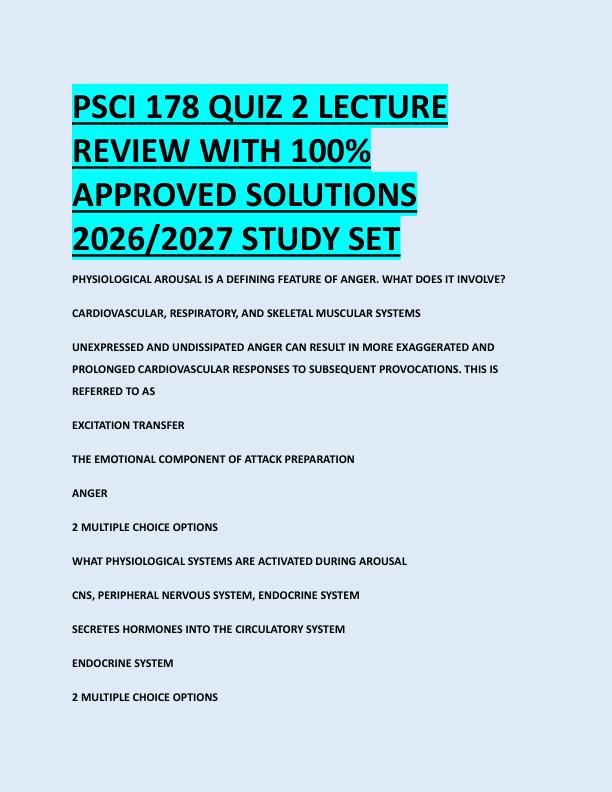 PSCI 178 QUIZ 2 LECTURE  REVIEW WITH 100%  APPROVED SOLUTIONS  2026/2027 STUDY SET