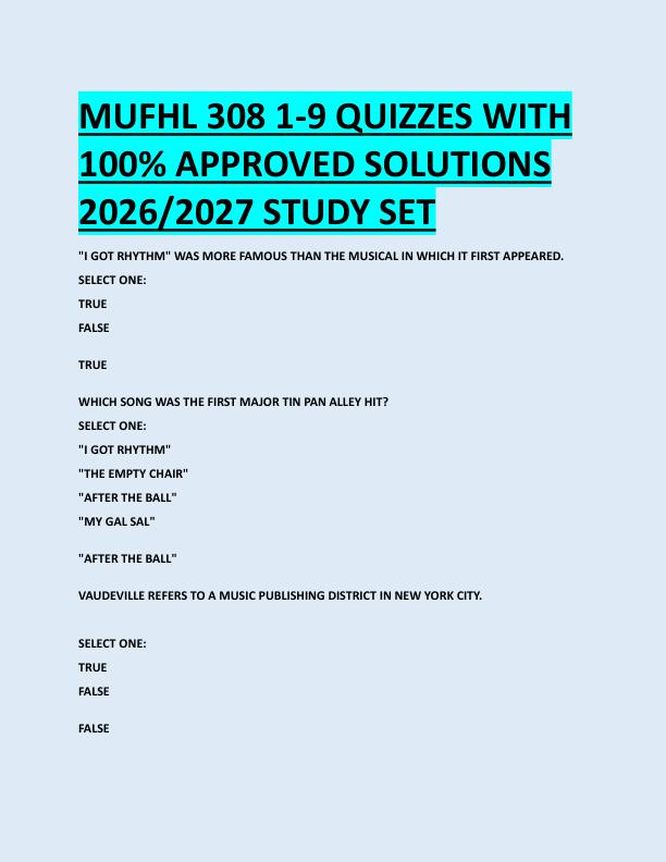 MUFHL 308 1-9 QUIZZES WITH  100% APPROVED SOLUTIONS  2026/2027 STUDY SET 