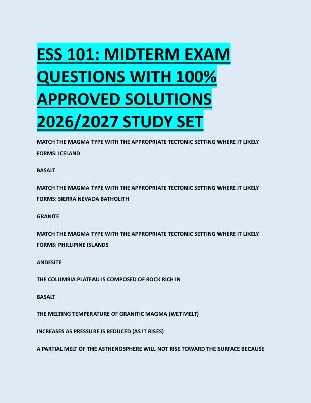 ESS 101: MIDTERM EXAM  QUESTIONS WITH 100%  APPROVED SOLUTIONS  2026/2027 STUDY SET 