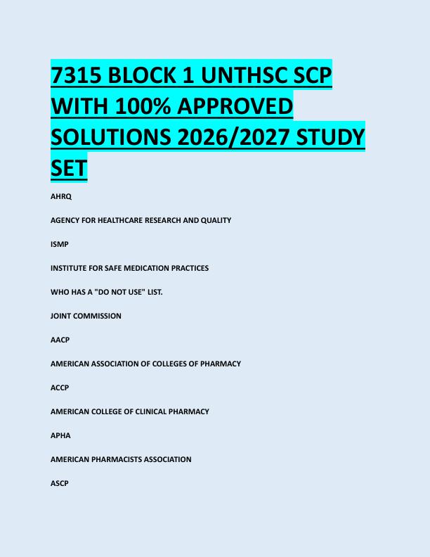 7315 BLOCK 1 UNTHSC SCP  WITH 100% APPROVED  SOLUTIONS 2026/2027 STUDY  SET