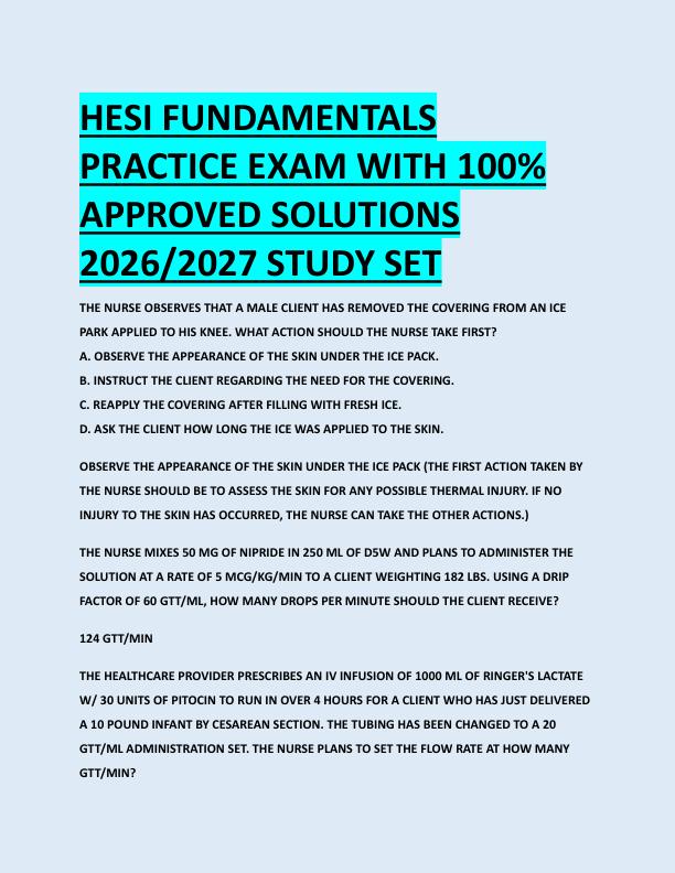 HESI FUNDAMENTALS  PRACTICE EXAM WITH 100%  APPROVED SOLUTIONS  2026/2027 STUDY SET 
