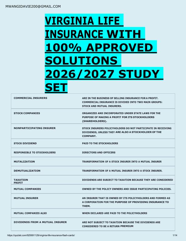 VIRGINIA LIFE  INSURANCE WITH  100% APPROVED  SOLUTIONS  2026/2027 STUDY  SET 