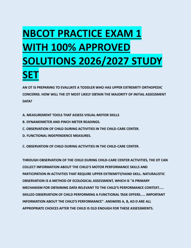 NBCOT PRACTICE EXAM 1  WITH 100% APPROVED  SOLUTIONS 2026/2027 STUDY  SET 