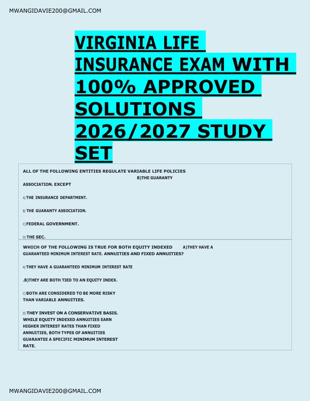 VIRGINIA LIFE  INSURANCE EXAM WITH  100% APPROVED  SOLUTIONS  2026/2027 STUDY  SET 