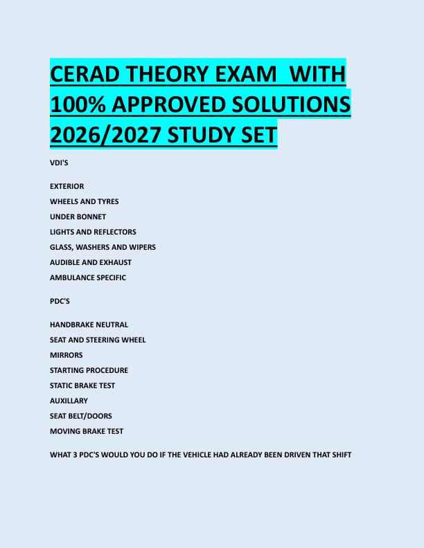 CERAD THEORY EXAM  WITH  100% APPROVED SOLUTIONS  2026/2027 STUDY SET 