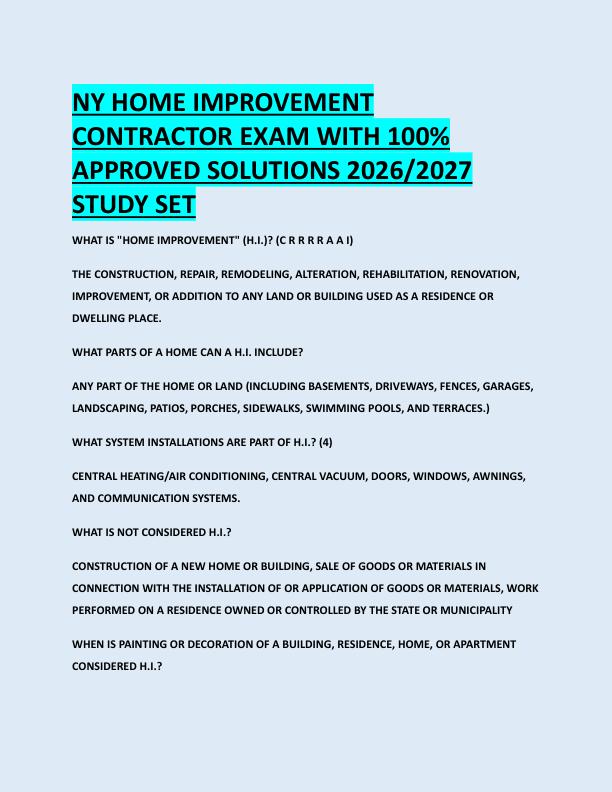 NY HOME IMPROVEMENT  CONTRACTOR EXAM WITH 100%  APPROVED SOLUTIONS 2026/2027  STUDY SET 