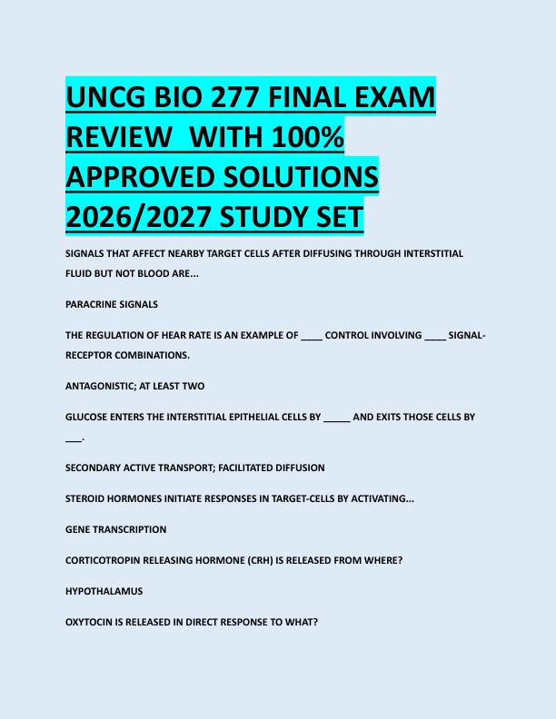 UNCG BIO 277 FINAL EXAM  REVIEW  WITH 100%  APPROVED SOLUTIONS  2026/2027 STUDY SET 