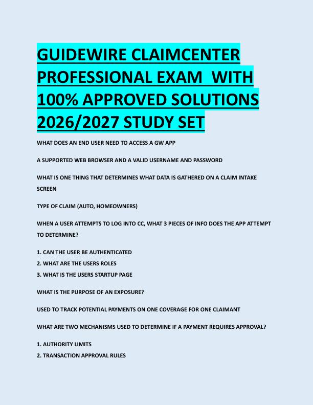 GUIDEWIRE CLAIMCENTER  PROFESSIONAL EXAM  WITH  100% APPROVED SOLUTIONS  2026/2027 STUDY SET 