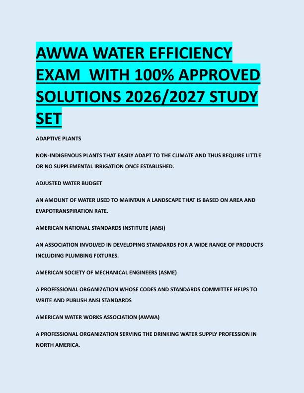 AWWA WATER EFFICIENCY  EXAM  WITH 100% APPROVED  SOLUTIONS 2026/2027 STUDY  SET 