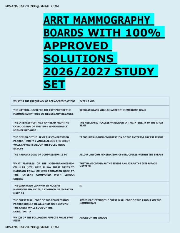 ARRT MAMMOGRAPHY  BOARDS WITH 100%  APPROVED  SOLUTIONS  2026/2027 STUDY  SET 