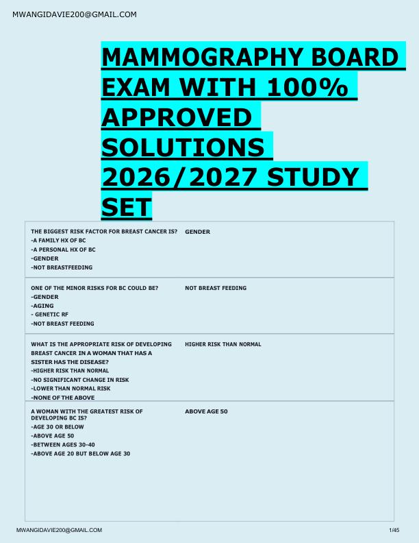 MAMMOGRAPHY BOARD  EXAM WITH 100%  APPROVED  SOLUTIONS  2026/2027 STUDY  SET 