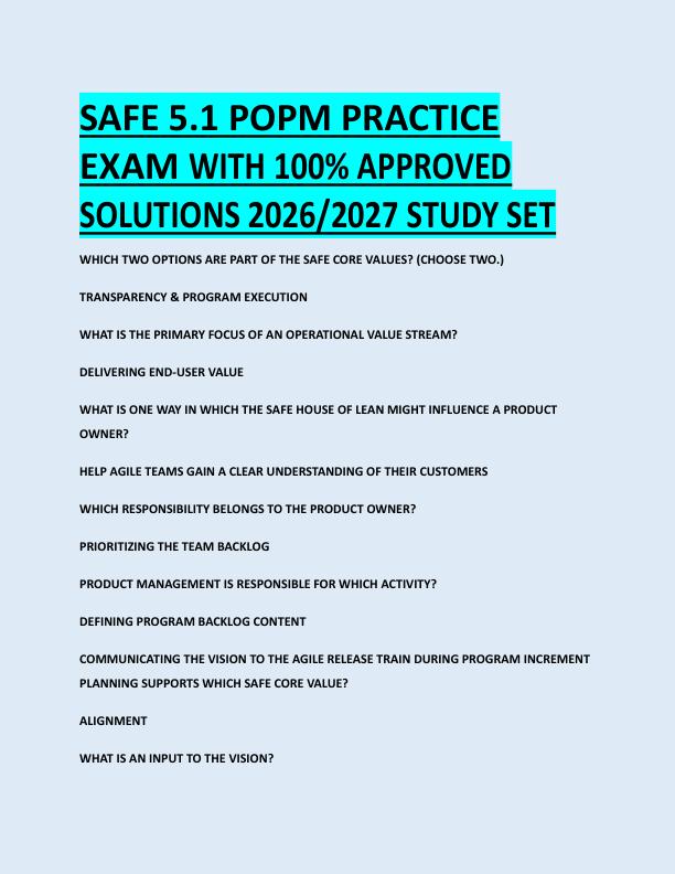 SAFE 5.1 POPM PRACTICE  EXAM WITH 100% APPROVED  SOLUTIONS 2026/2027 STUDY SET 