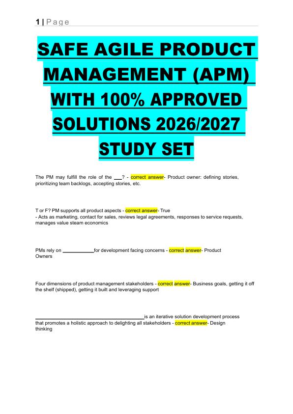 SAFE AGILE PRODUCT  MANAGEMENT (APM)  WITH 100% APPROVED  SOLUTIONS 2026/2027  STUDY SET 