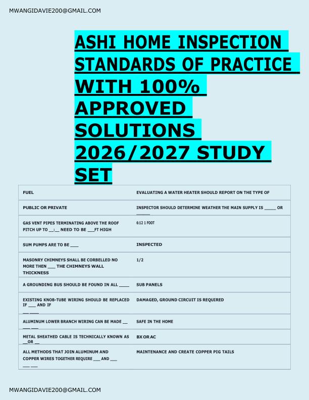 ASHI HOME INSPECTION  STANDARDS OF PRACTICE   WITH 100%  APPROVED  SOLUTIONS  2026/2027 STUDY  SET 
