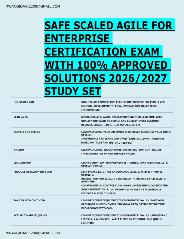   SAFE SCALED AGILE FOR  ENTERPRISE  CERTIFICATION EXAM  WITH 100% APPROVED  SOLUTIONS 2026/2027  STUDY SET 